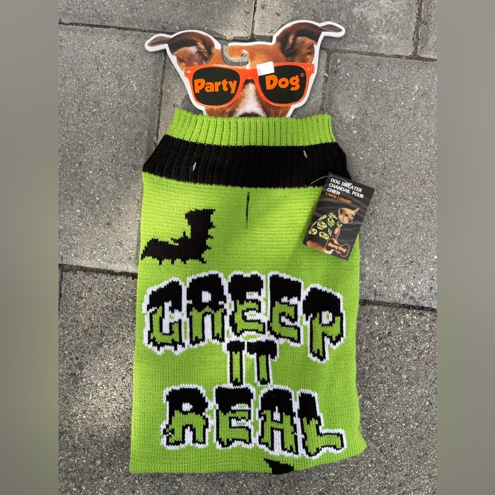 New Halloween Dog Sweater in Green Size Large: “Creep It Real” Sweater With Bats